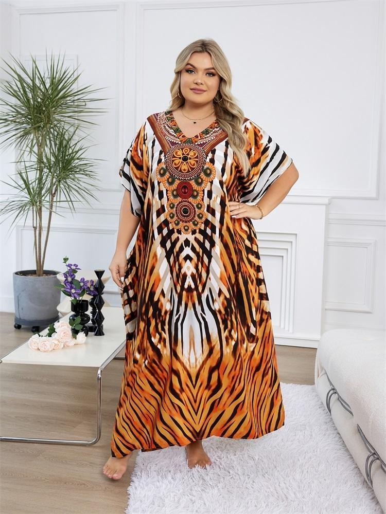 Kaftano da Donna Taglie Forti Accogliente Elegante Abito Lungo Casual Scollo a V Maniche a Pipistrello Stampa Etnica a Strisce di Tigre Vestibilità Ampia