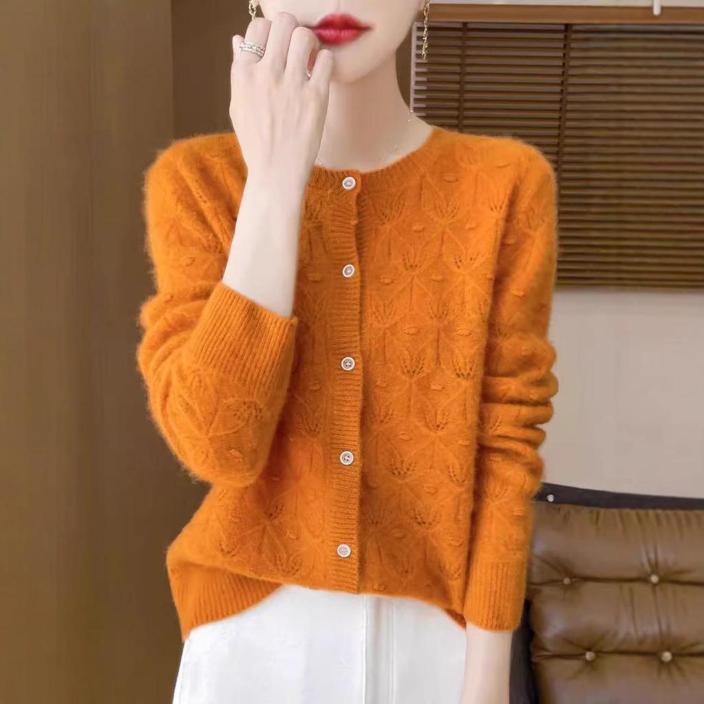 2024 Early Autumn Women's Merino Wool Round Neck Knit Cardigan with Hollow Details