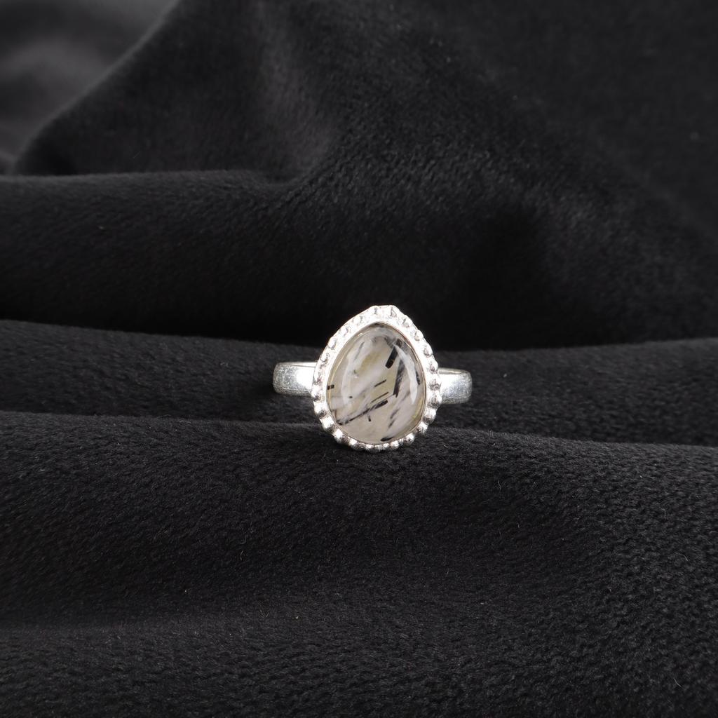Natural Black Rutile Gemstone 925 Sterling Silver Jewelry Handmade Pear Design Ring For Wedding RR-77-28