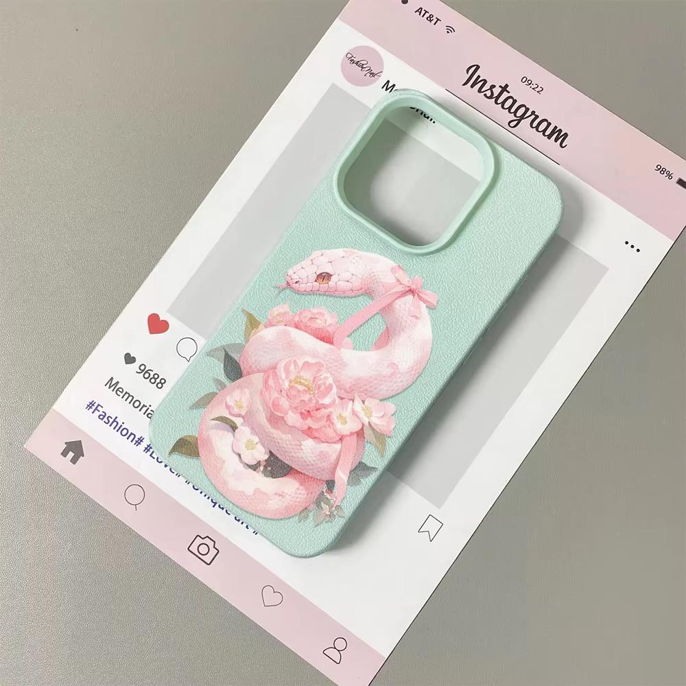 

Pink Snake Floral Bow Print Phone Case For iPhone 17 Pro Max 16 Plus 15 Pro 14 13 12 11 XR 17Air Lychee Textur Soft Cover iPhone XS Max зелёный