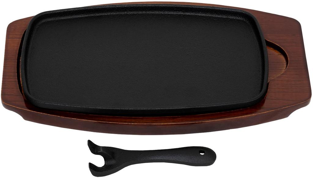 Ikenaga Iron Works Steak Plate/Hamburger Plate BIG, Induction Compatible, with Handle and Wooden Base, Gokuuma Gourmet