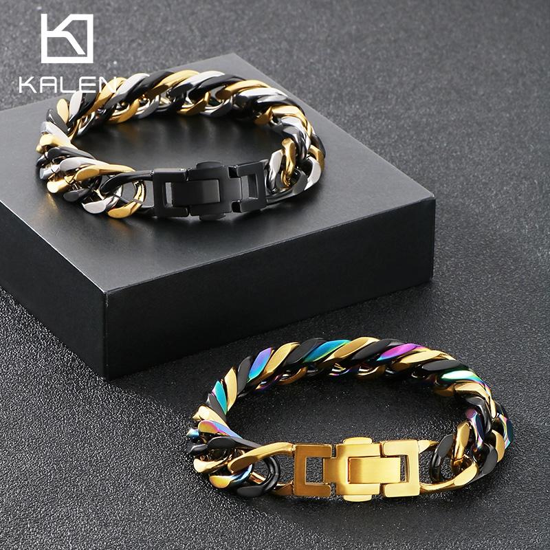 Kalen Hip Hop Colorful Cuban Chain Bracelet for Men Hight Quality Thick Stainless Steel Jewelry 13MM Chunky Trendy Accessories