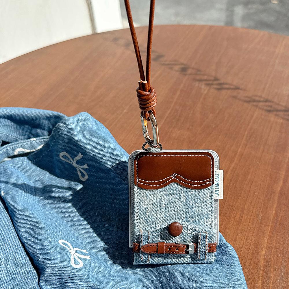 Denim Cardholder Phone Case for Samsung Galaxy Z Flip 7 Flip 5 Flip 6 3 4 Wrist Chain Shockproof Back Cover