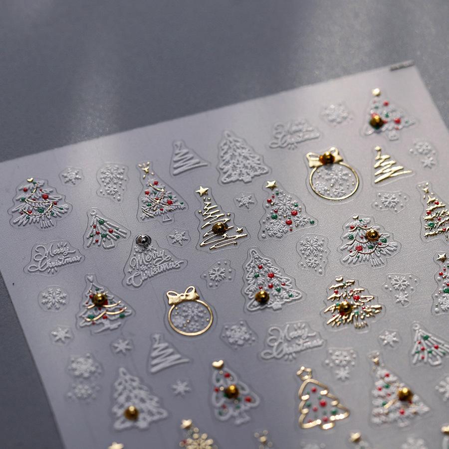 Gold Stamped White Christmas Tree Snowflake 3D Self Adhesive Nail Art Stickers Santa Claus Elk Xmas Cartoon Cute Manicure Decals