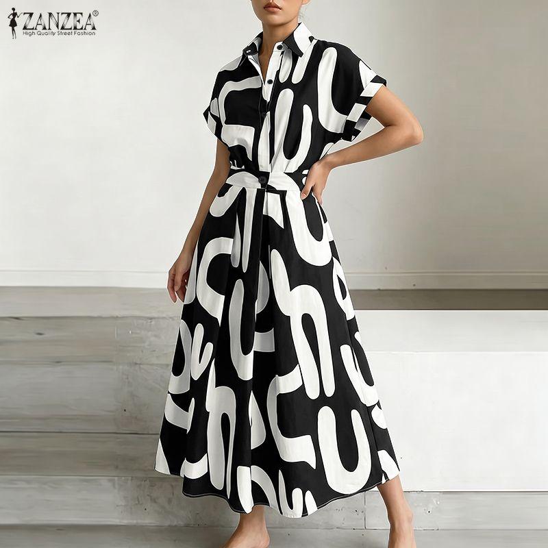ZANZEA Women Elegant Turn Down Collar Short Sleeve Casual Print Dress M чёрный