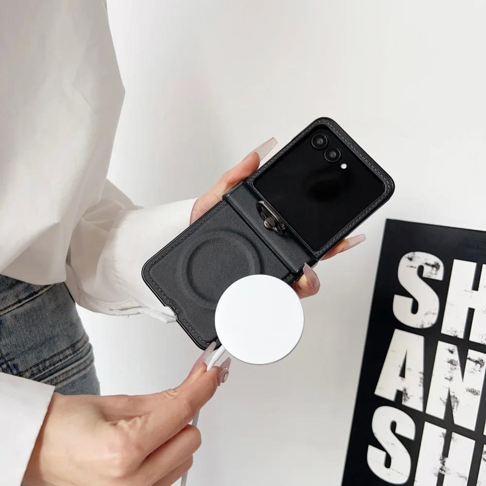 For Wireless Charging Magnetic Leather Phone Case for Motorola Razr 50 40 Ultra Moto Razr 60 50 Ring Hinge Protective Cover