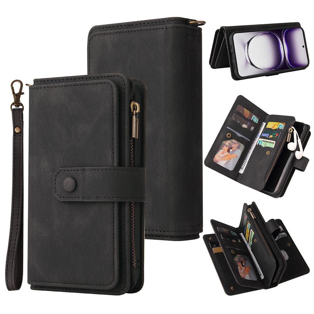 For Oppo Reno12 5G (Global) Zipper Wallet Case with 15 Card Slots and Strap Leather Phone Cover