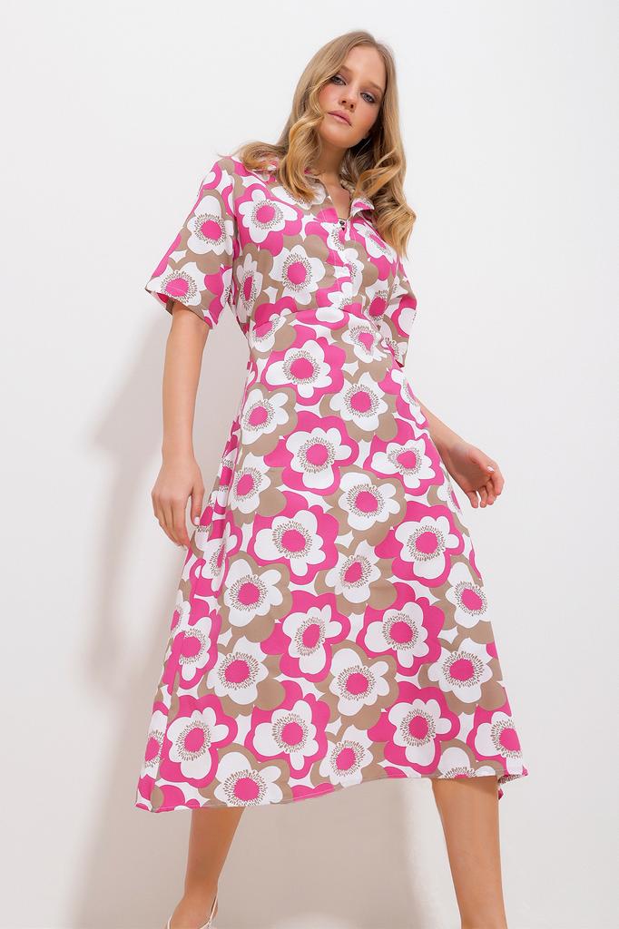 Women's Dress New Season Fashion Red Shirt Collar Half Placket Belted Waist Floral Patterned Poplin Dress