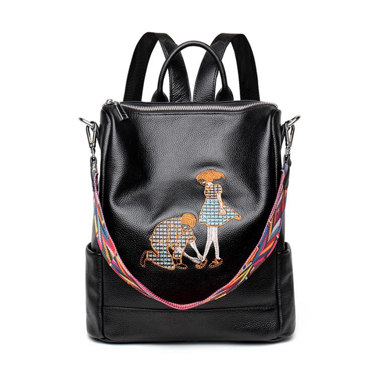 Новый Женский Рюкзак с Модной Верхней Кожаной Сумкой на Плечо и Вышивкой Двойного Назначения Многофункциональный Рюкзак
