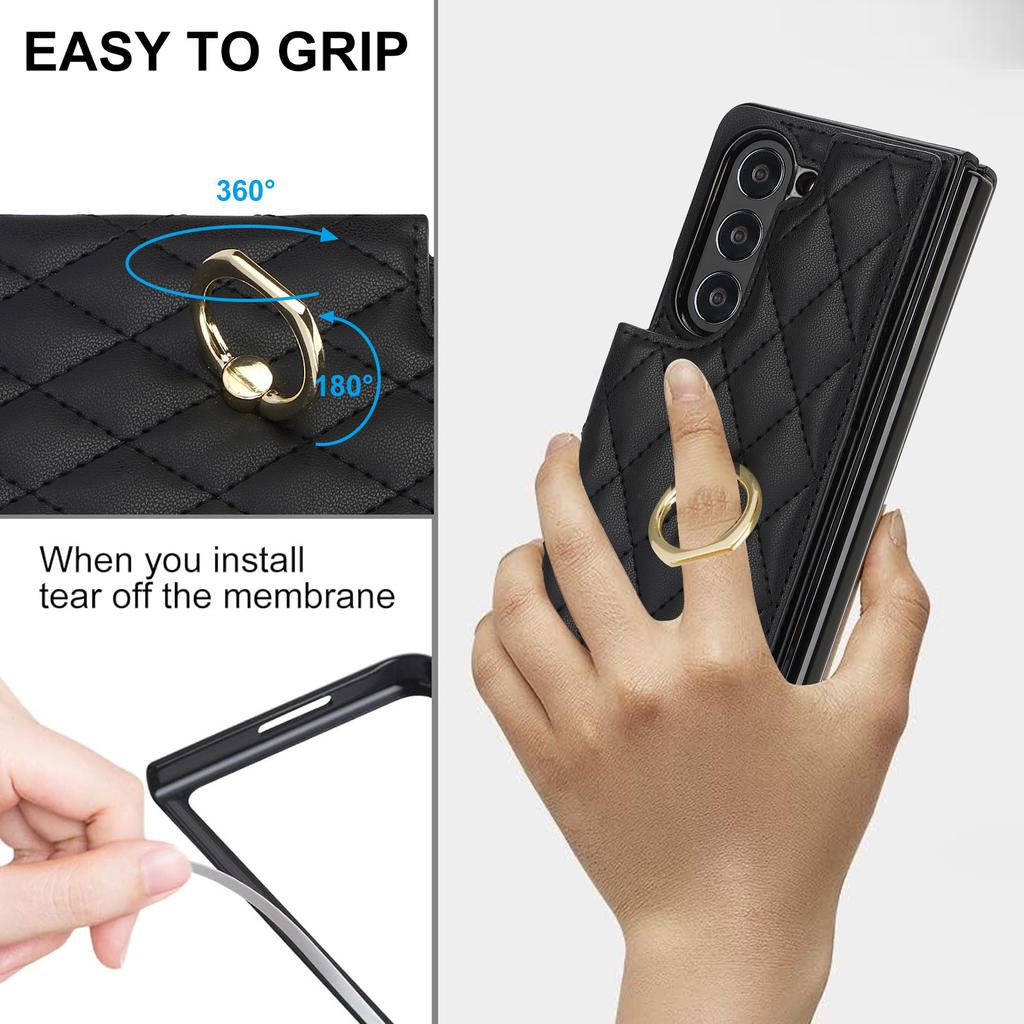 Fold7 Ring+bracket Phone Case for Samsung Galaxy Z fold 7 6 5 4 3 Double Buckle Card Holder Wallet Diamond Grid Pu Leather Cover