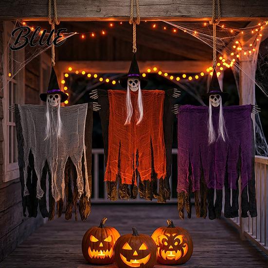 Haunted House Decorations 38" Halloween Hanging Witch Decoration Spooky Scary Flying Skeleton Ghost with Skull Decor for Outdoor Indoor Porch