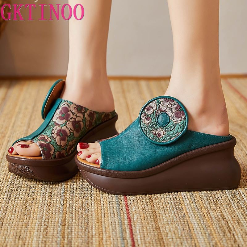 GKTINOO Fish-mouth Summer Genuine Leather Slippers Women Sandals 2025 New Platform Wedges Slippers Ethnic Sandals Women Shoes