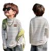 Children's Thermal Fleece Striped Long Sleeve Shirt with Half-High Collar for Boys and Girls (Autumn/Winter)