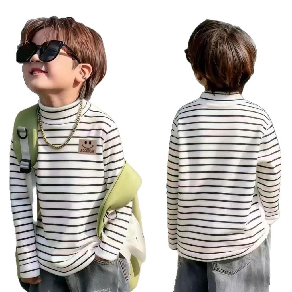 Children's Thermal Fleece Striped Long Sleeve Shirt with Half-High Collar for Boys and Girls (Autumn/Winter)