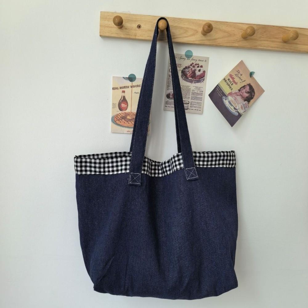 Grid Shoulder Bag Korean Style Canvas Tote Bag Soft Denim Handbag  Girls