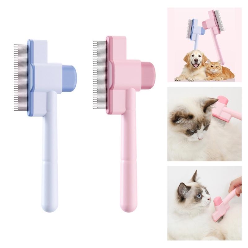 Pet Hair Removal Tool Fleas Comb for Dogs Cats Lice Cats Brush with Release Button Selfs Cleaning with Long Short Teeth
