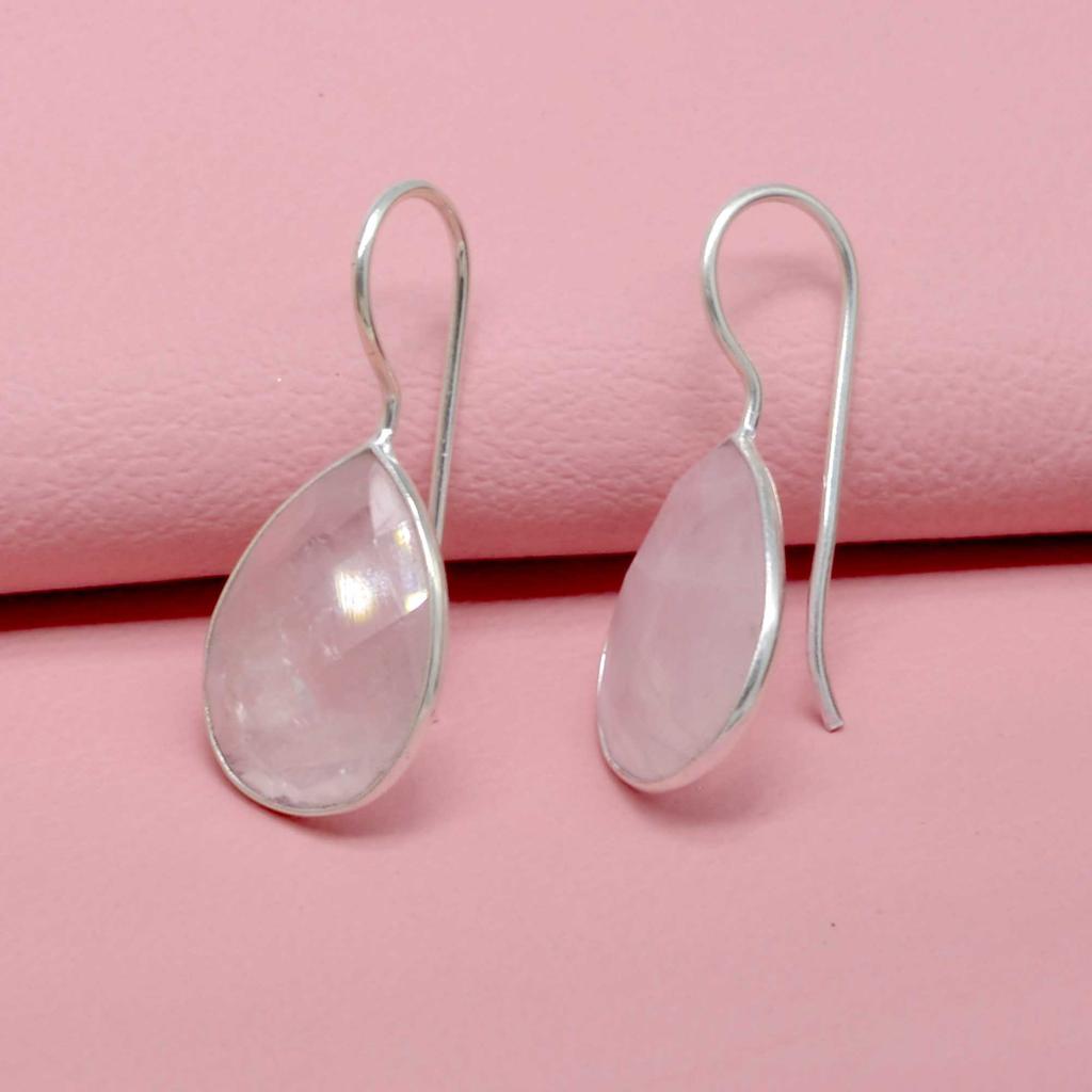 Rosenquarz 925 Sterling Silber Tropfen Ohrringe, Edelstein handgemachte Ohrhänger
