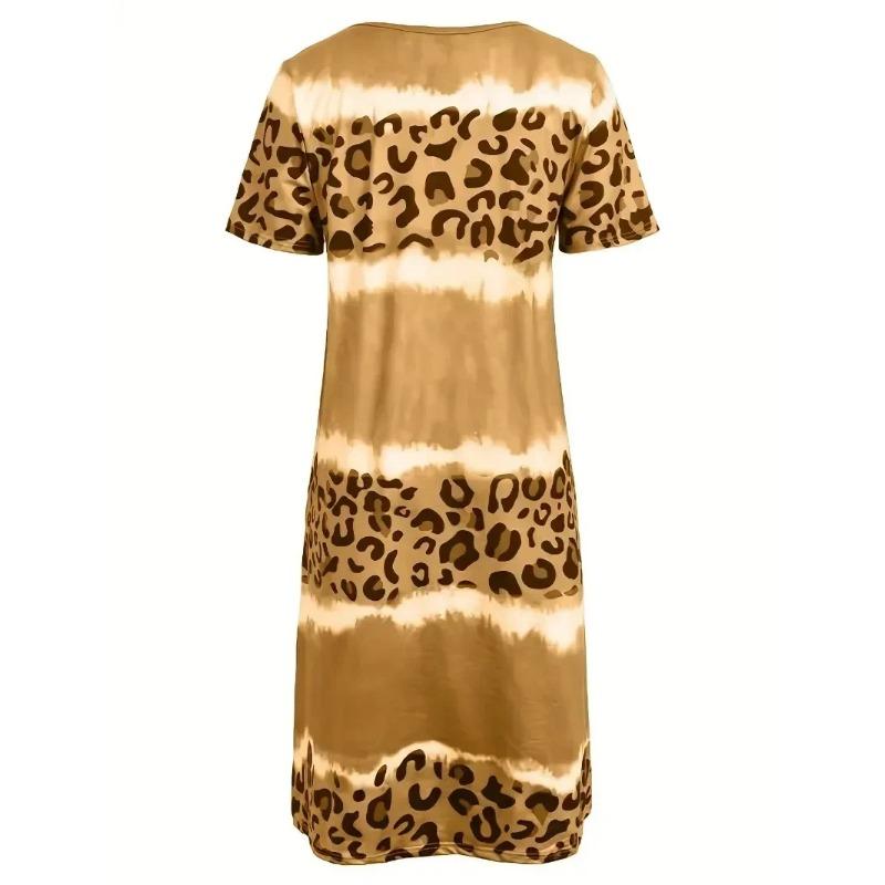 Mode Damen Übergröße 1XL-8XL Freizeitkleid Kurzarmkleid Batik Leopard Kurzarm V-Ausschnitt Leicht dehnbares Kleid