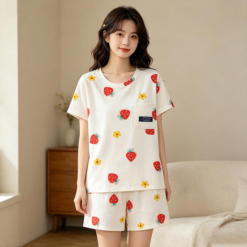 Summer Simple Casual Pajamas Women's Summer Round Neck T-shirt Short-sleeved Shorts Set Age-reducing Women's Loungewear