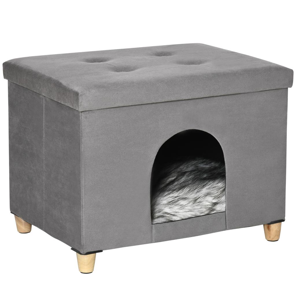 Cat House Pouf Footstool Padded with Removable and Washable Cushion, Grey