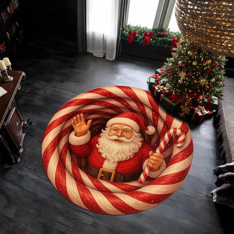 Christmas Gnome 3D Illusion Rug Cute Holiday Round Carpet Festive Xmas Floor Mat Nordic Gnome Christmas Gift Home Decor