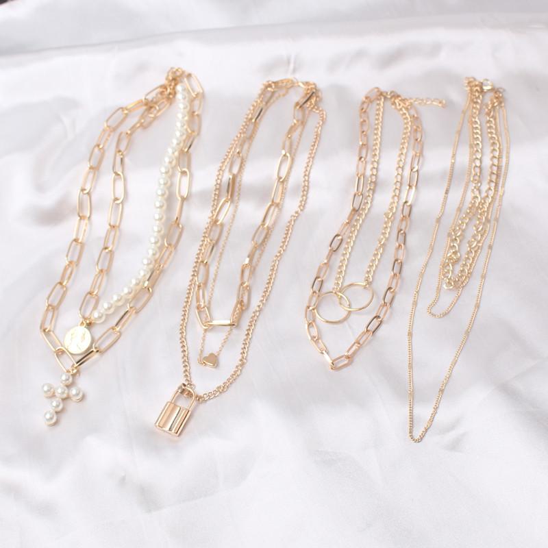 Multi-layers Necklaces for Women Personality Hollow Geometric Pendantes Necklaces Gold Cross Necklaces Punk Collar