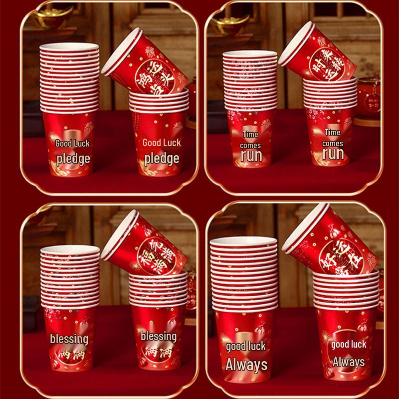2026 Year of the Horse Gold Foil Paper Cups - Festive Red Cups for New Year & Spring Festival Pack of 50