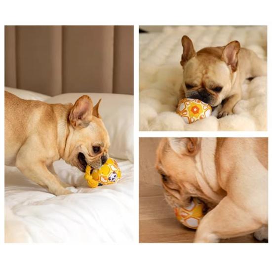 Plush Ball Dog Chew Toy Boredom Stress Relief Bite Resistant Squeaky Cartoon Ball Toy with Cotton Rope Pet Teething Cleaning Toy