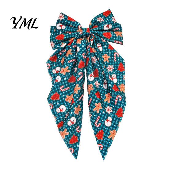 Christmas Tree Hair Ornaments Large Bow for Women Girls, Decorative Clip with Classic Holiday Snowflake Plaid Ties Prints, Elegant Long Tail Barrettes