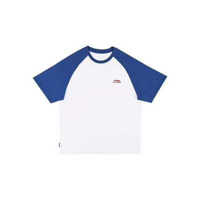 Li Ning Sport Freizeit Serie Colorblock Baumwoll Kurzarm T-Shirt Unisex Oberteile Weiß Blau YHSU169-4