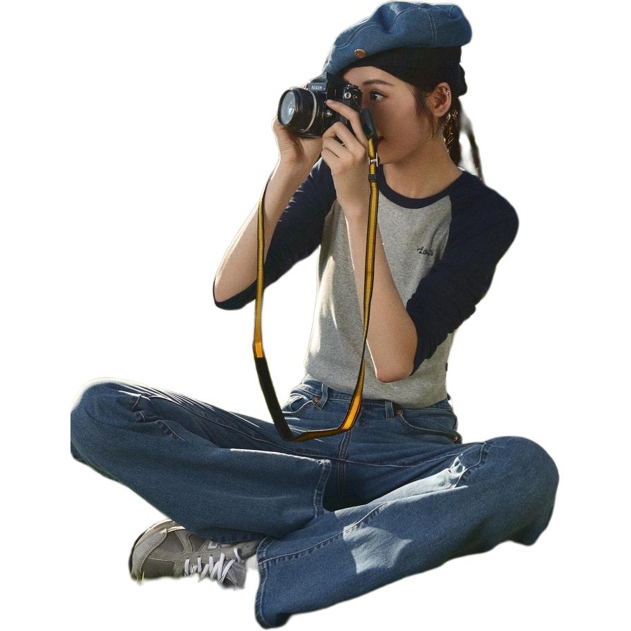 Levis Ribbed Crew Neck Cropped Long Sleeve Raglan T-Shirt Women Tops Gray Blue 002I6-0000