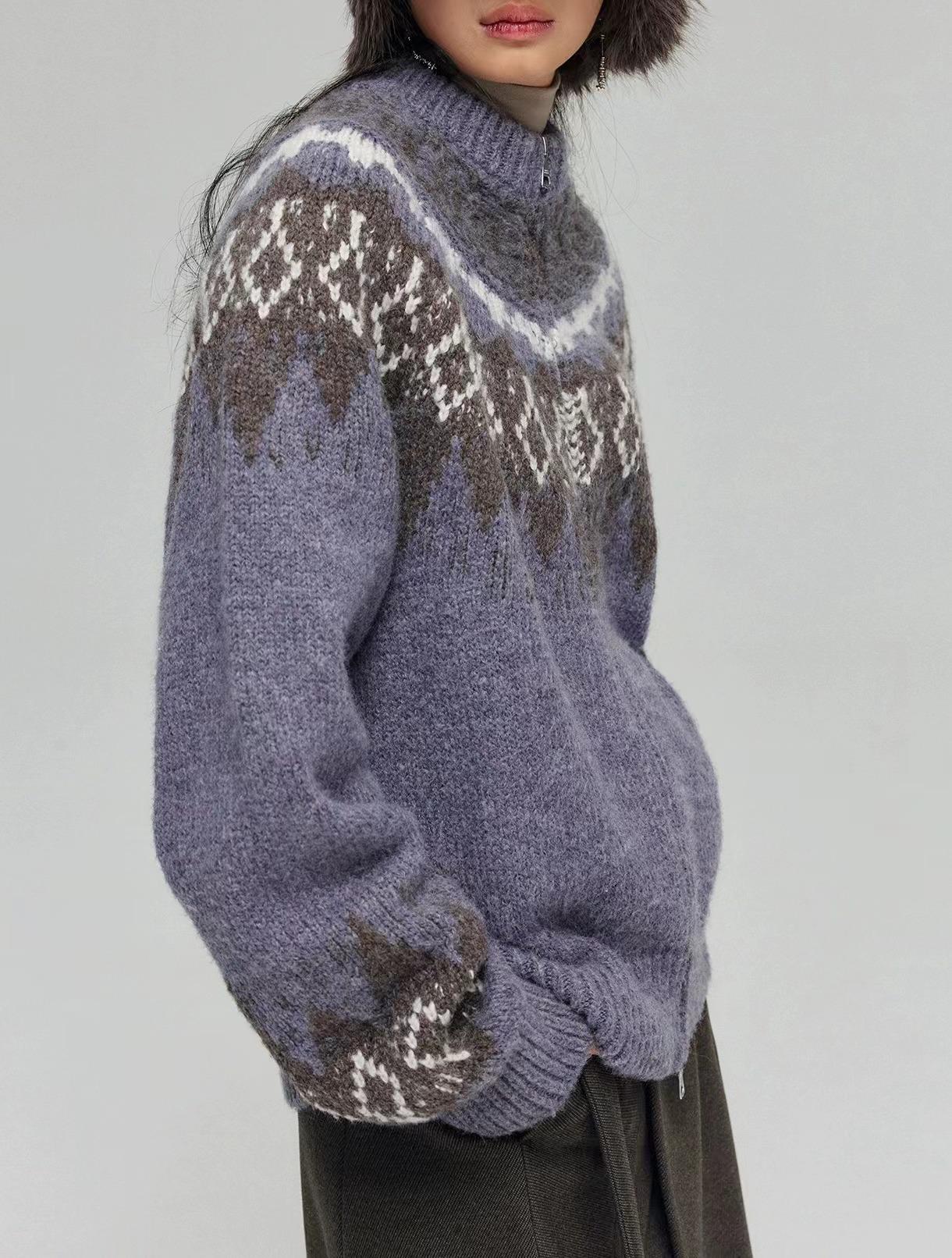 

Унисекс кардиган крупной вязки в стиле Fair Isle - Зимний повседневный свитер свободного кроя с круглым вырезом и застежкой-молнией One Size фиолетовый/серый