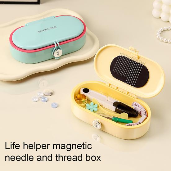 Magnetic Sewing Tools Box with Needles Threads Threader Scissors Thimble Tape Measure Portable Travel Sewing Tools Accessories Organizer Box