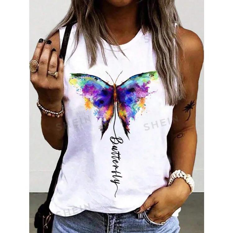 Butterfly Dragonfly Pattern 3D Print Women's Tank Tops Summer O-Neck Casual Vest Off Shoulder Sleeveless Top