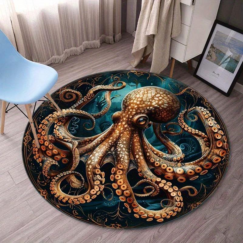 Octopus Sea Creature Round Rug Flannel Ocean Marine Life Print Area Mat For Bathroom Bedroom Decor Unique Artistic Floor Carpet