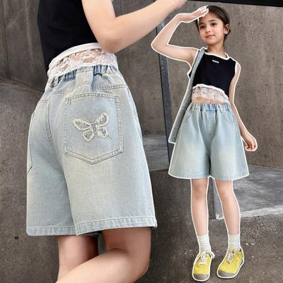 Pantalones cortos vaqueros de verano con bolsillo trasero y mariposas para niñas de 5 a 15 años