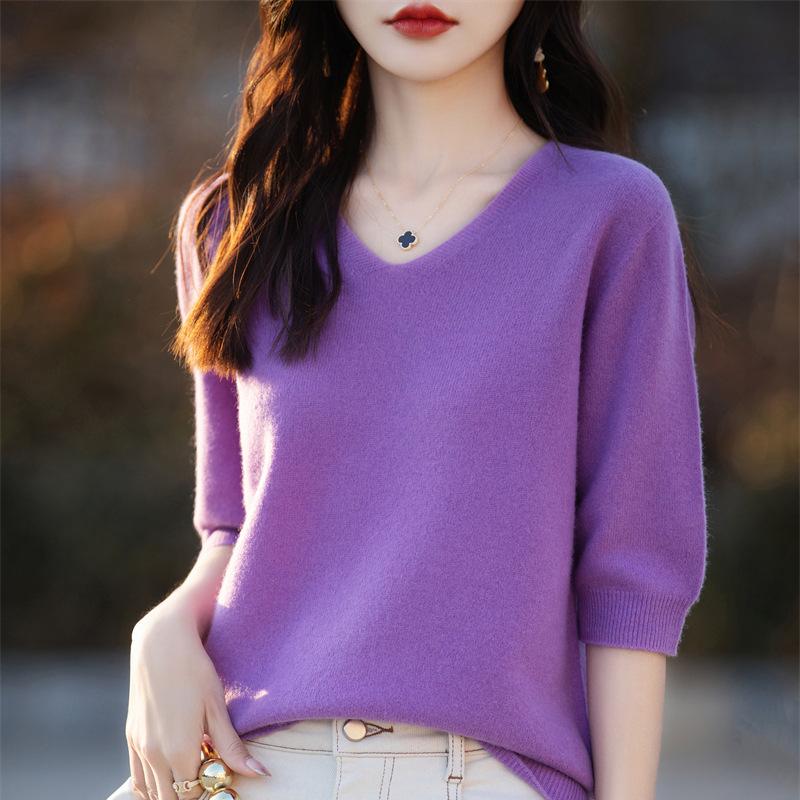 Spring and Summer New V-neck Short-sleeved Knitted Sweater Women's Top Wear Inside and Outside Bottoming Shirt