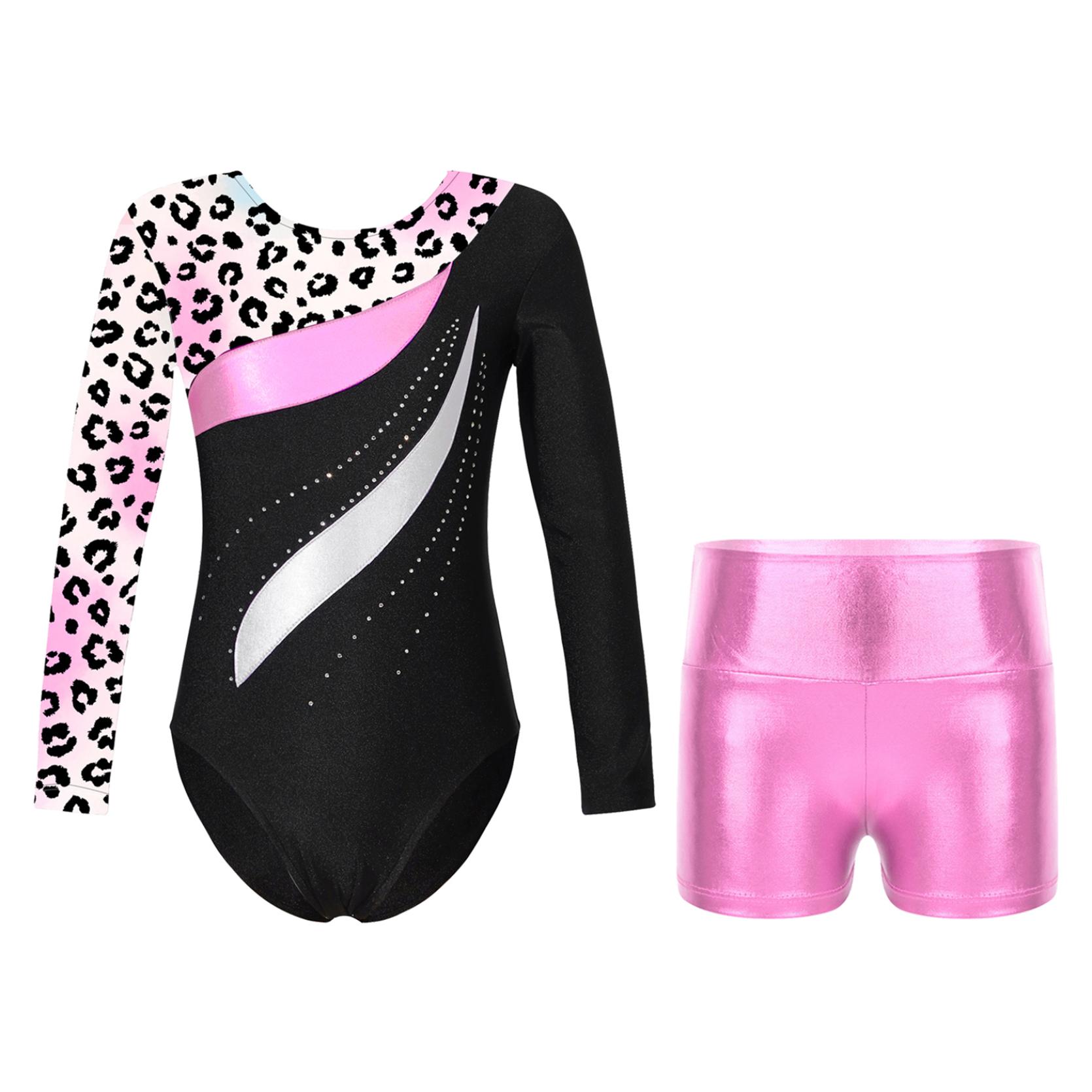IEFiEL Maillots voor meisjes Gymnastiek Kinderen Kinderen Biketard met shorts Ballet Sparkly Shorts Dans Unitards roze