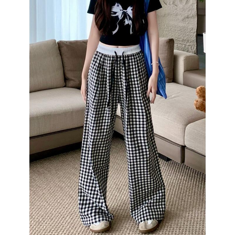 

Pink plaid loose casual pants summer thin lazy style versatile floor pants high waist drooping contrasting color straight-leg pants M