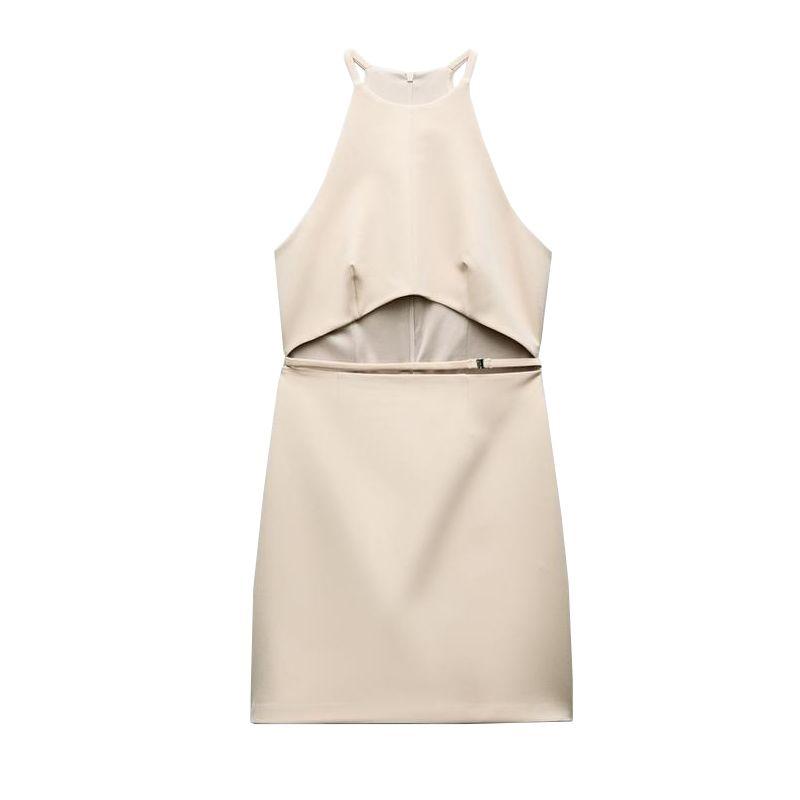 

Spring Western Style Elegant off-the-Shoulder Slim fit Sheath Hanging Collar Opening Design Short Dress 3558777 Beige L