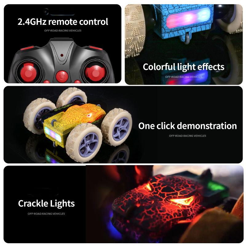 Dinosaur Themed Double-Sided Stunt Car Remote Control With Crack Light Rolling Four-Wheel Drive Spinning Children'S Toy Gifts