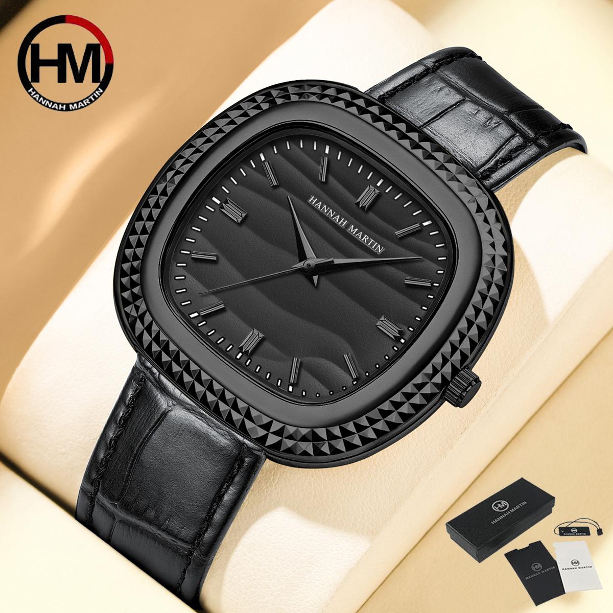 HANNAH MARTIN Casual business Watch Fashion Men Quartz Wristwatches Leather Strap Waterproof Man Watch High Quality Luxury Square Man s Watch with Box чёрный