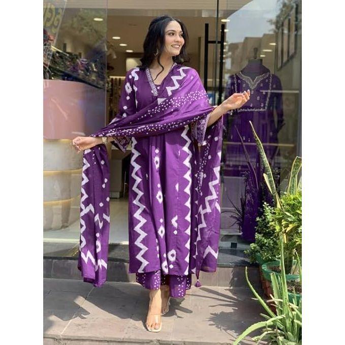 Women's Cotton Anarkali Printed V-Neck Kurta with Palazzo & Dupatta | Ethnic Set | Dupatta Set | Suit Set |Kurta Set |