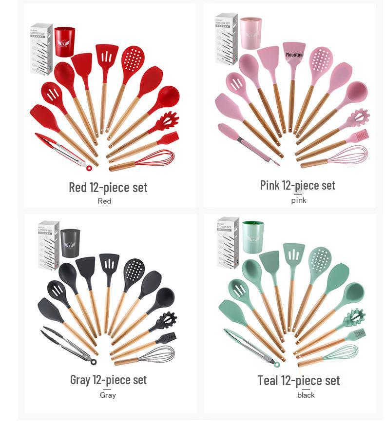 12-Piece Silicone Kitchen Utensil Set with Wooden Handles - Includes Spatula, Slotted Spoon, Frying Spatula, and Baking Tools