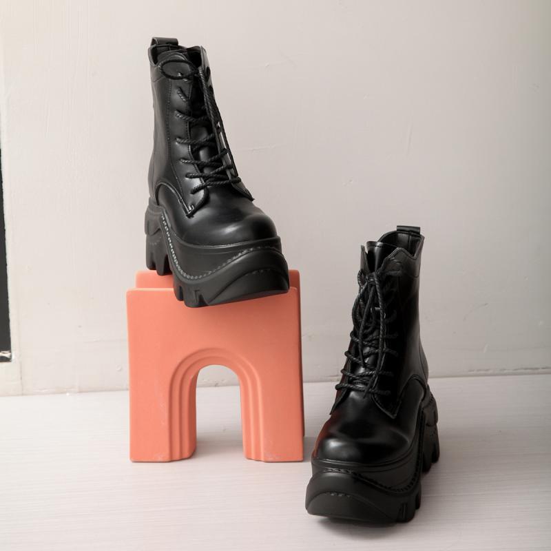 Fashion Punk Solid Black Thick Bottom Ankle Boots Chunky Platform Super High Heel Lace Up Boots Fashion Y2K Height Increase Booties