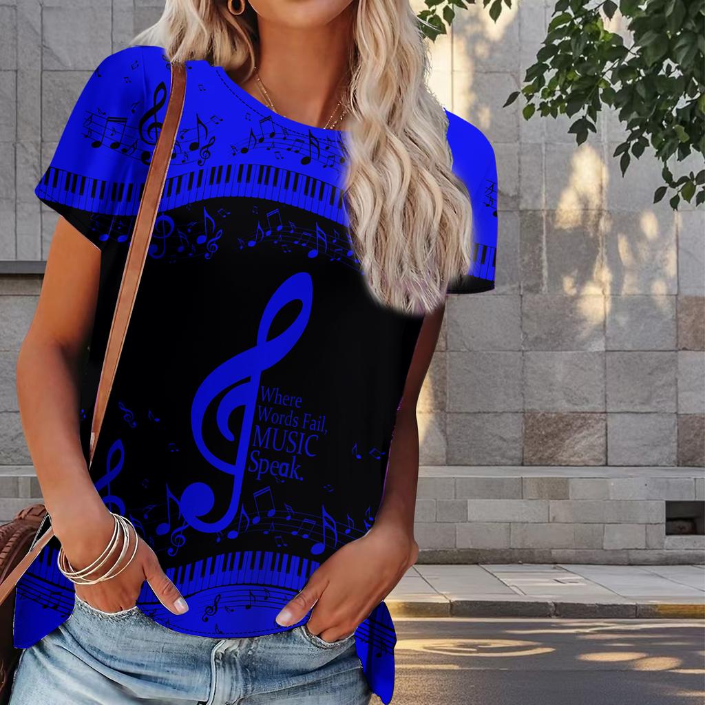 Women Summer T Shirt Musical Note Print Retro Fashion Short Sleeve Tees Casual   Printed  Tops