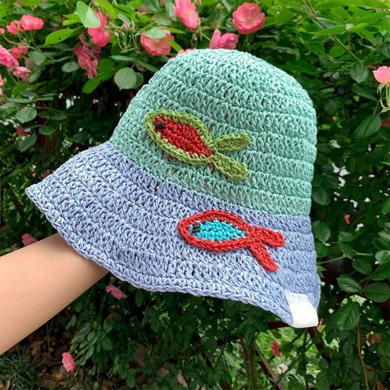 Breathable Bucket Hat for Women Fisherman Hat with Contrast Color Elegant Straw Hat Lady Foldable Floppy Hat for Travel