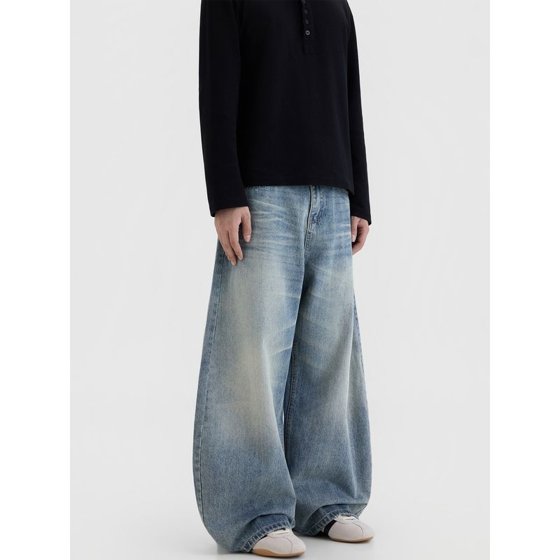 Blaexit American-Style Distressed Whiskered Washed Blue Scimitar Jeans for Men, Loose Straight-Leg Cleanfit Pants