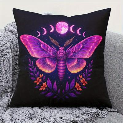 Pillowcase 1Pc, Moth Full Moon Mystery, Printed Holiday Theme Cushion Cover With Hidden Zipper, Suitable For Sofa, Living Room,
