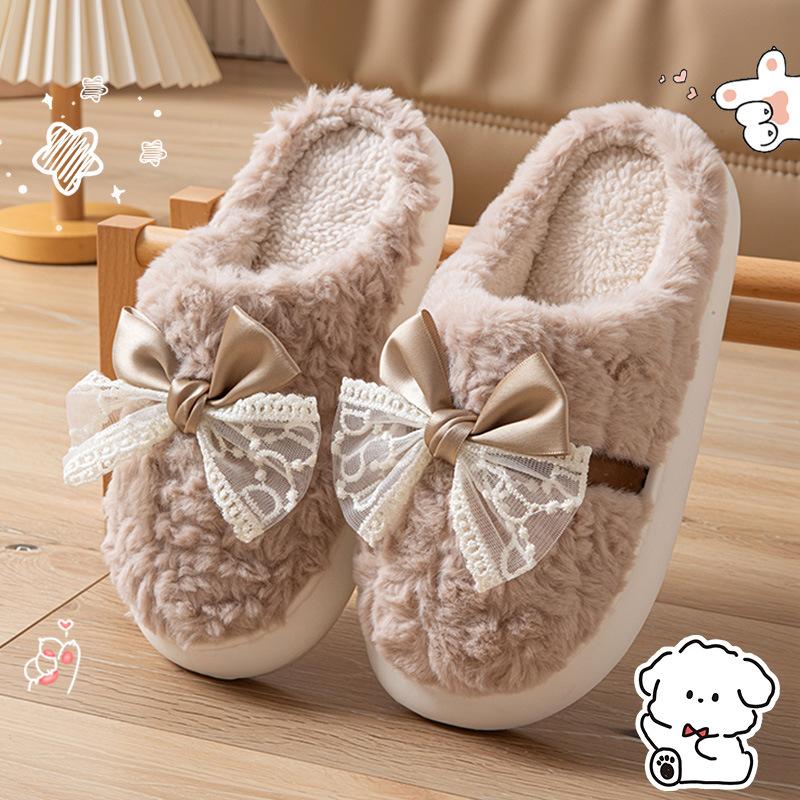 Bow-tie fluffy slippers  new autumn and winter home interior piled thickened warm non-slip cotton drag men